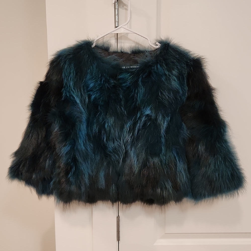 NWT Real Raccoon Dog Fur Light Quilted Coat in Teal and Black